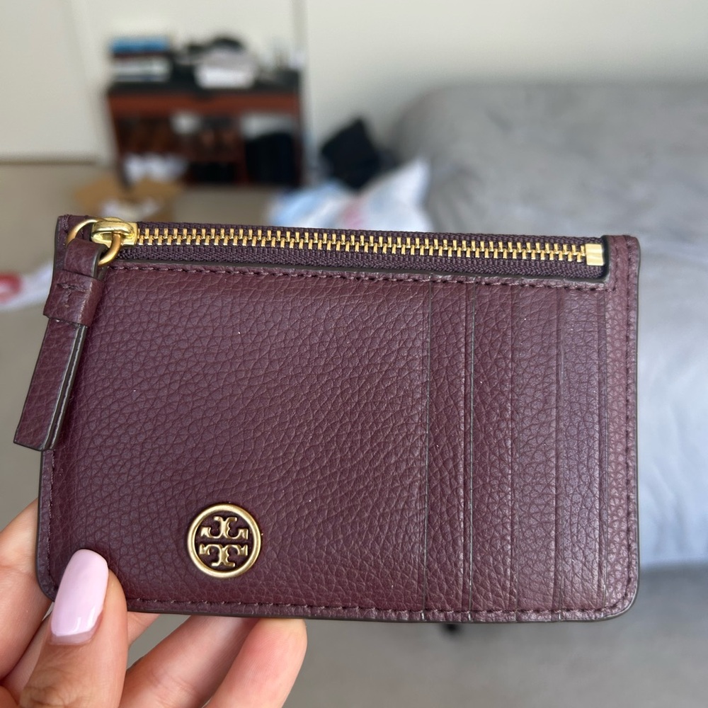 Tory Burch Plum Leather Card Holder with Gold Accents